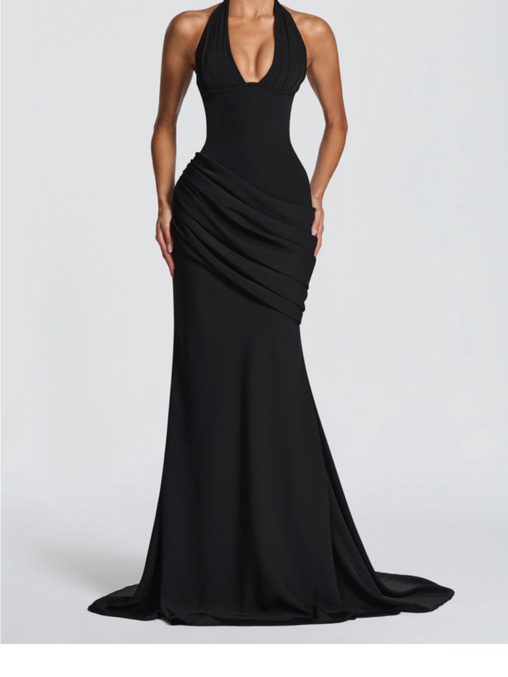 Black Halter Ruched Maxi Dress - Women’s Evening Gown